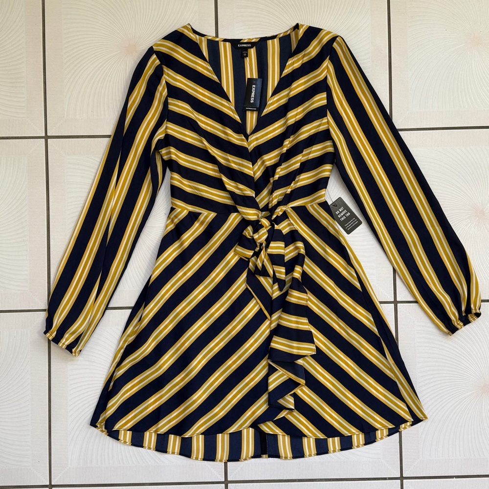 Express Yellow and Black Striped Long Sleeve Dress